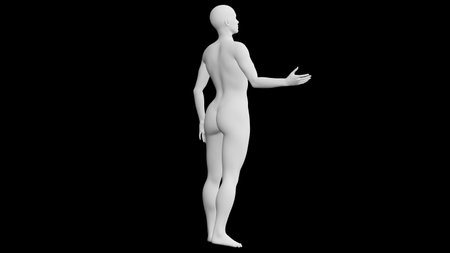 Beautiful athletic young woman posing isolated on black. Basic mesh, AI, robot. 3d illustration, rendering. Viewed from backの写真素材