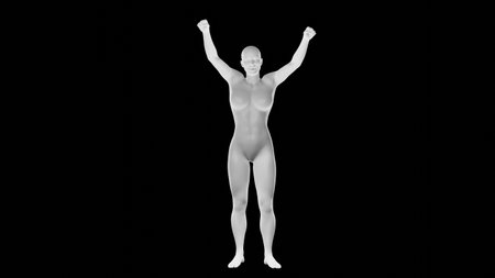 Beautiful athletic young woman posing isolated on black. Basic mesh, AI, robot. 3d illustration, rendering. Front viewの写真素材