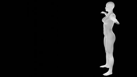 Beautiful athletic young woman posing isolated on black. Basic mesh, AI, robot. 3d illustration, rendering. Side viewの写真素材