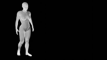 Beautiful athletic young woman posing isolated on black. Basic mesh, AI, robot. 3d illustration, rendering. Front viewの写真素材