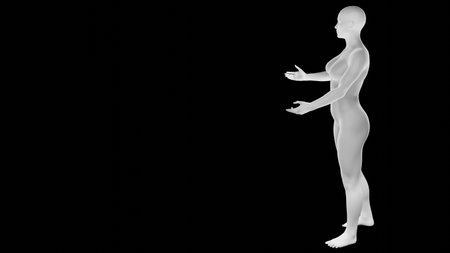Beautiful athletic young woman posing isolated on black. Basic mesh, AI, robot. 3d illustration, rendering. Side viewの写真素材