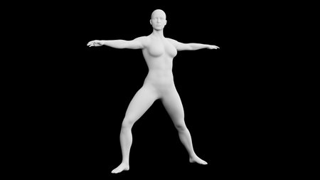 Beautiful athletic young woman posing isolated on black. Basic mesh, AI, robot. 3d illustration, rendering. Front viewの写真素材