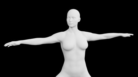 Beautiful athletic young woman posing isolated on black. Basic mesh, AI, robot. 3d illustration, rendering. Front viewの写真素材