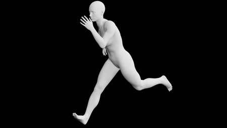 Beautiful athletic young woman posing isolated on black. Basic mesh, AI, robot. 3d illustration, rendering. Side viewの写真素材