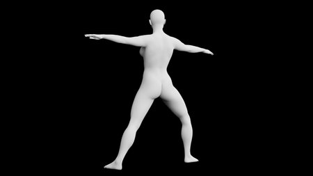 Beautiful athletic young woman posing isolated on black. Basic mesh, AI, robot. 3d illustration, rendering. Viewed from backの写真素材