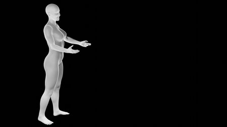 Beautiful athletic young woman posing isolated on black. Basic mesh, AI, robot. 3d illustration, rendering. Side viewの写真素材