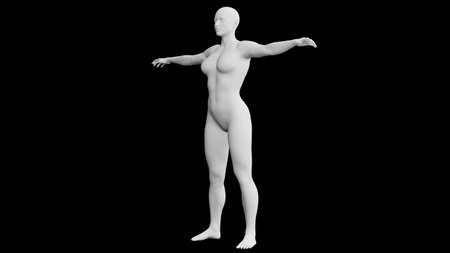 Beautiful athletic young woman posing isolated on black. Basic mesh, AI, robot. 3d illustration, rendering. Side viewの写真素材