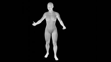 Beautiful athletic young woman posing isolated on black. Basic mesh, AI, robot. 3d illustration, rendering. Front viewの写真素材