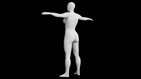 Beautiful athletic young woman posing isolated on black. Basic mesh, AI, robot. 3d illustration, rendering. Side viewの写真素材