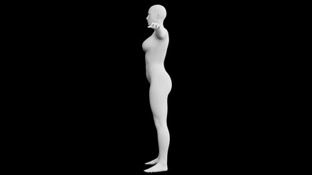 Beautiful athletic young woman posing isolated on black. Basic mesh, AI, robot. 3d illustration, rendering. Side viewの写真素材