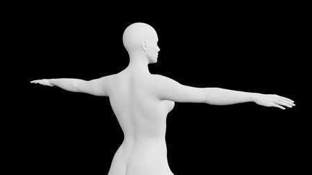 Beautiful athletic young woman posing isolated on black. Basic mesh, AI, robot. 3d illustration, rendering. Viewed from backの写真素材