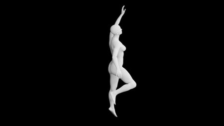 Beautiful athletic young woman posing isolated on black. Basic mesh, AI, robot. 3d illustration, rendering. Side viewの写真素材