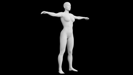 Beautiful athletic young woman posing isolated on black. Basic mesh, AI, robot. 3d illustration, rendering. Side viewの写真素材