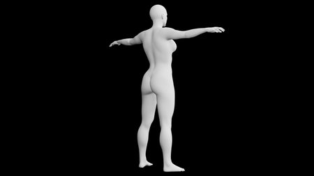 Beautiful athletic young woman posing isolated on black. Basic mesh, AI, robot. 3d illustration, rendering. Viewed from backの写真素材
