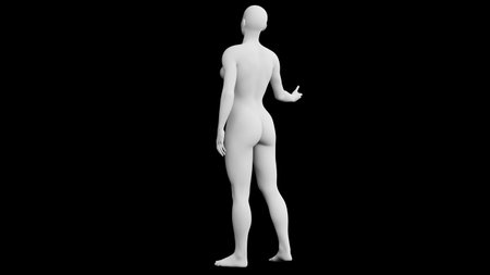 Beautiful athletic young woman posing isolated on black. Basic mesh, AI, robot. 3d illustration, rendering. Viewed from backの写真素材