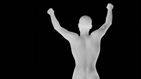 Beautiful athletic young woman posing isolated on black. Basic mesh, AI, robot. 3d illustration, rendering. Viewed from backの写真素材