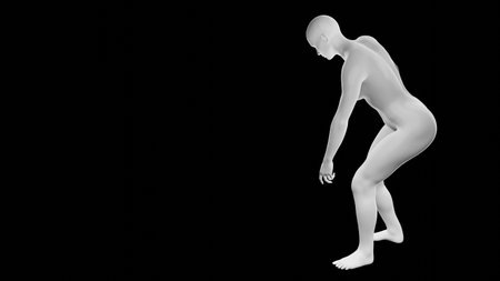 Beautiful athletic young woman posing isolated on black. Basic mesh, AI, robot. 3d illustration, rendering. Side viewの写真素材
