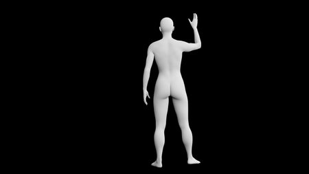 Beautiful athletic young woman posing isolated on black. Basic mesh, AI, robot. 3d illustration, rendering. Viewed from backの写真素材