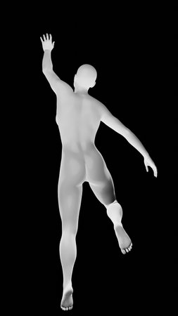 Beautiful athletic young woman posing isolated on black. Basic mesh, AI, robot. 3d illustration, rendering. Viewed from backの写真素材
