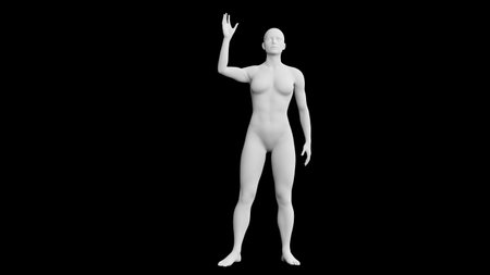 Beautiful athletic young woman posing isolated on black. Basic mesh, AI, robot. 3d illustration, rendering. Front viewの写真素材