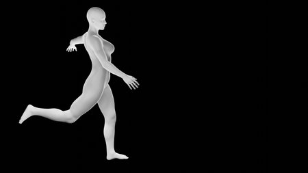 Beautiful athletic young woman posing isolated on black. Basic mesh, AI, robot. 3d illustration, rendering. Side viewの写真素材