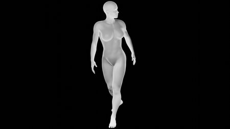 Beautiful athletic young woman posing isolated on black. Basic mesh, AI, robot. 3d illustration, rendering. Front viewの写真素材