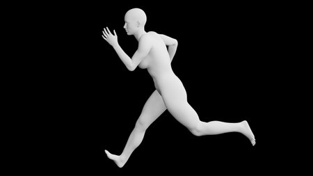 Beautiful athletic young woman posing isolated on black. Basic mesh, AI, robot. 3d illustration, rendering. Side viewの写真素材