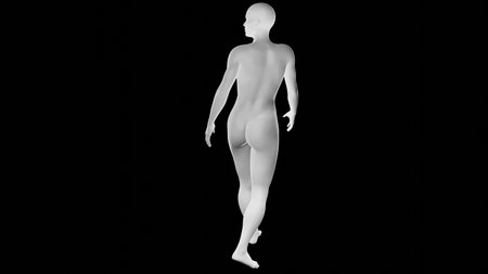 Beautiful athletic young woman posing isolated on black. Basic mesh, AI, robot. 3d illustration, rendering. Viewed from backの写真素材