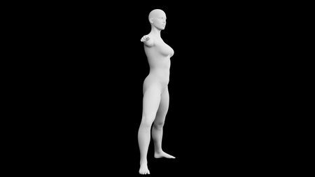Beautiful athletic young woman posing isolated on black. Basic mesh, AI, robot. 3d illustration, rendering. Side viewの写真素材