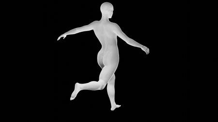 Beautiful athletic young woman posing isolated on black. Basic mesh, AI, robot. 3d illustration, rendering. Viewed from backの写真素材