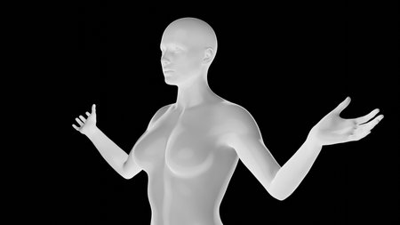 Beautiful athletic young woman posing isolated on black. Basic mesh, AI, robot. 3d illustration, rendering. Side viewの写真素材