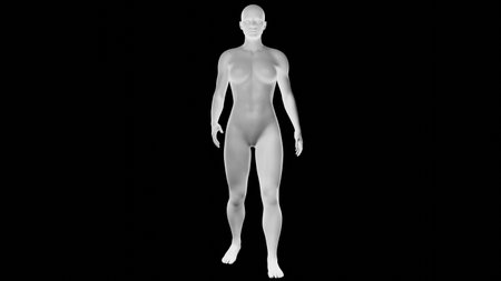 Beautiful athletic young woman posing isolated on black. Basic mesh, AI, robot. 3d illustration, rendering. Front viewの写真素材
