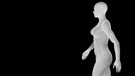 Beautiful athletic young woman posing isolated on black. Basic mesh, AI, robot. 3d illustration, rendering. Side viewの写真素材