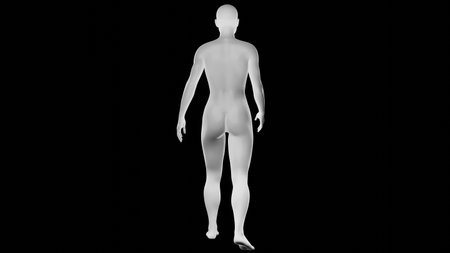 Beautiful athletic young woman posing isolated on black. Basic mesh, AI, robot. 3d illustration, rendering. Viewed from backの写真素材