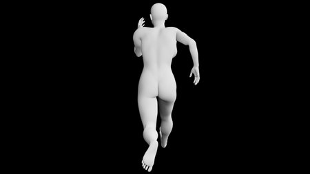 Beautiful athletic young woman posing isolated on black. Basic mesh, AI, robot. 3d illustration, rendering. Viewed from backの写真素材