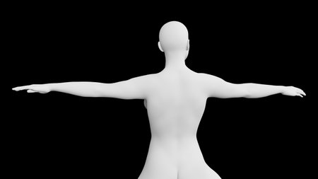 Beautiful athletic young woman posing isolated on black. Basic mesh, AI, robot. 3d illustration, rendering. Viewed from backの写真素材