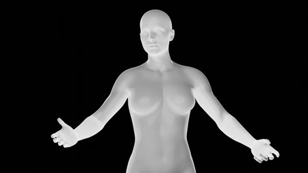 Beautiful athletic young woman posing isolated on black. Basic mesh, AI, robot. 3d illustration, rendering. Front viewの写真素材