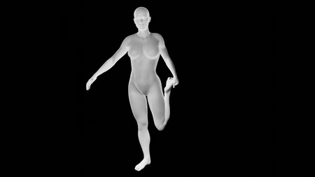 Beautiful athletic young woman posing isolated on black. Basic mesh, AI, robot. 3d illustration, rendering. Front viewの写真素材