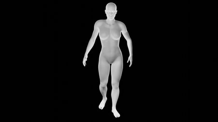 Beautiful athletic young woman posing isolated on black. Basic mesh, AI, robot. 3d illustration, rendering. Front viewの写真素材