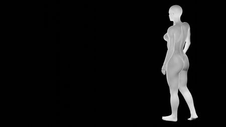 Beautiful athletic young woman posing isolated on black. Basic mesh, AI, robot. 3d illustration, rendering. Viewed from backの写真素材