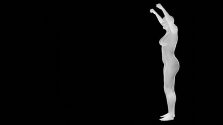 Beautiful athletic young woman posing isolated on black. Basic mesh, AI, robot. 3d illustration, rendering. Side viewの写真素材