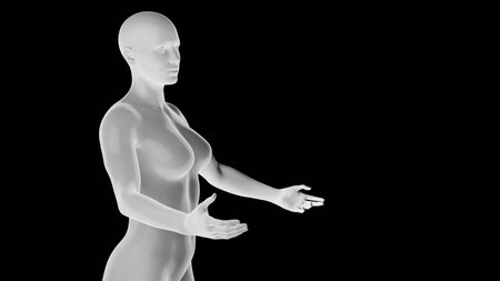 Beautiful athletic young woman posing isolated on black. Basic mesh, AI, robot. 3d illustration, rendering. Side viewの写真素材