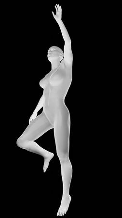 Beautiful athletic young woman posing isolated on black. Basic mesh, AI, robot. 3d illustration, rendering. Side viewの写真素材