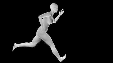 Beautiful athletic young woman posing isolated on black. Basic mesh, AI, robot. 3d illustration, rendering. Side viewの写真素材