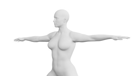 Beautiful athletic young woman posing isolated on black. Basic mesh, AI, robot. 3d illustration, rendering. Front viewの写真素材