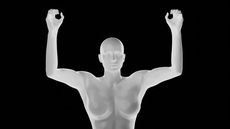 Beautiful athletic young woman posing isolated on black. Basic mesh, AI, robot. 3d illustration, rendering. Front viewの写真素材