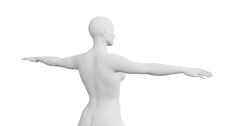 Beautiful athletic young woman posing isolated on black. Basic mesh, AI, robot. 3d illustration, rendering. Viewed from backの写真素材