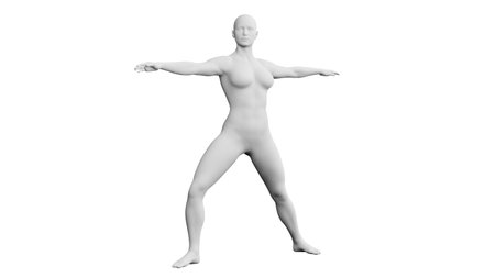 Beautiful athletic young woman posing isolated on black. Basic mesh, AI, robot. 3d illustration, rendering. Front viewの写真素材