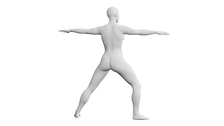 Beautiful athletic young woman posing isolated on black. Basic mesh, AI, robot. 3d illustration, rendering. Viewed from backの写真素材