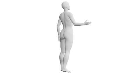 Beautiful athletic young woman posing isolated on black. Basic mesh, AI, robot. 3d illustration, rendering. Side viewの写真素材